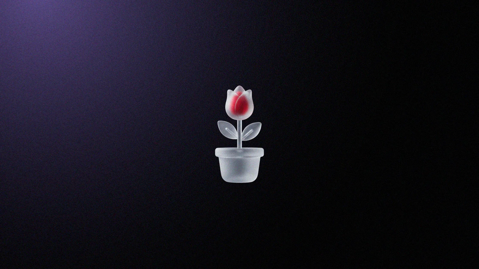 Planta 3D de vidro fosco num vaso, com duas folhas e um botão de flor vermelho brilhando por dentro, sobre fundo preto
