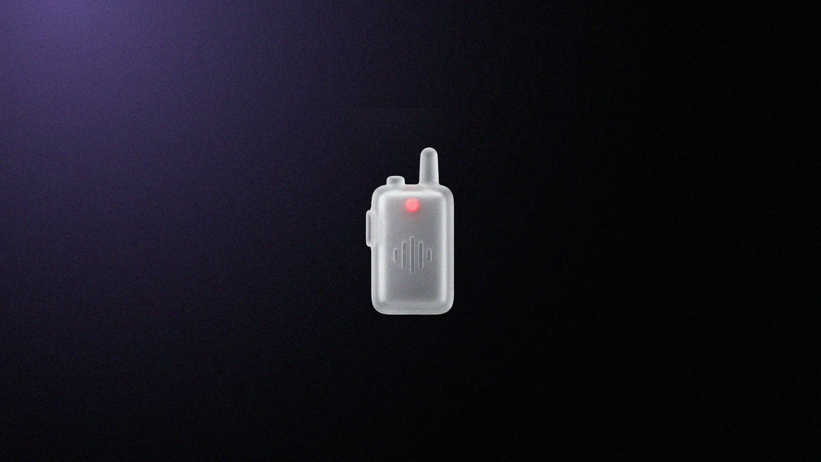 Walkie-talkie 3D de vidro fosco, com a luz indicadora brilhando em vermelho por dentro, sobre fundo preto