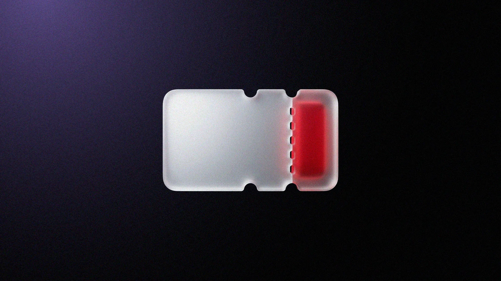 Ingresso de evento 3D de vidro fosco, com a linha picotada e o canhoto brilhando em vermelho por dentro, sobre fundo preto