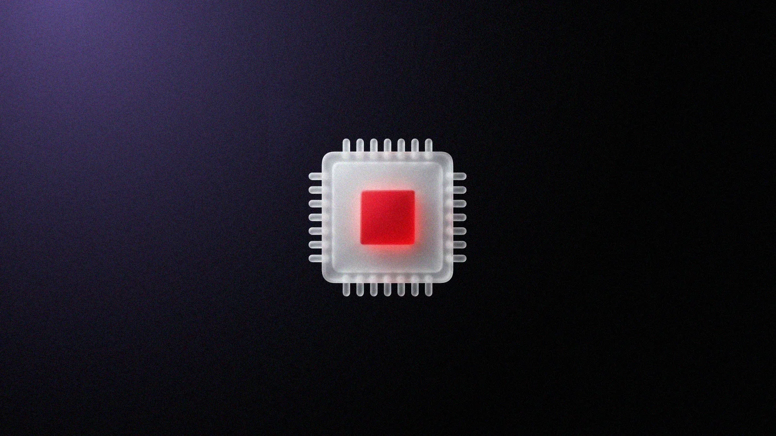 Microchip 3D de vidro fosco, com pinos nos quatro lados e o núcleo quadrado brilhando em vermelho por dentro, sobre fundo preto