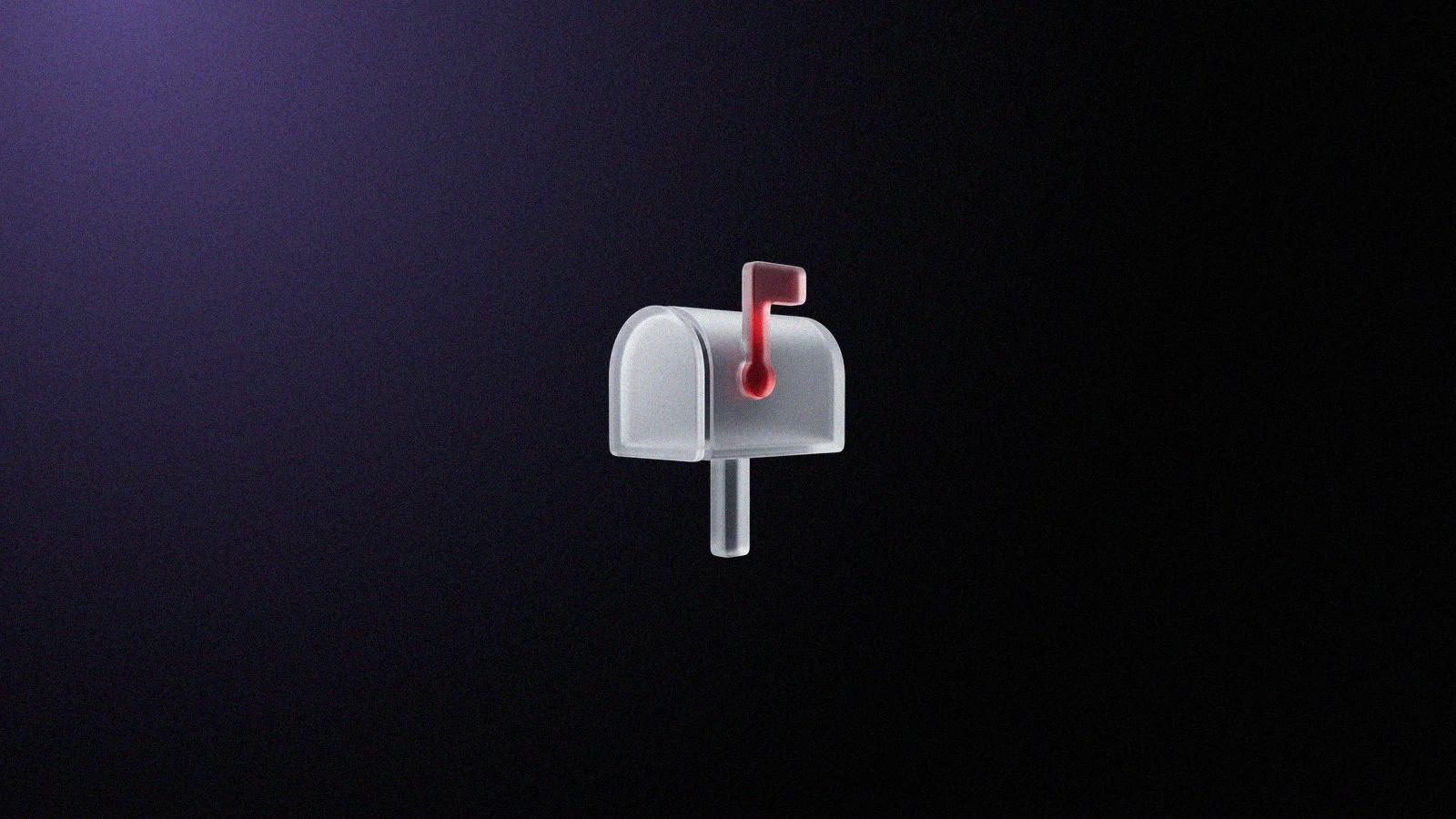 Caixa de correio 3D de vidro fosco num poste, com a bandeirinha levantada e o miolo dela em vermelho brilhando por dentro, sobre fundo preto