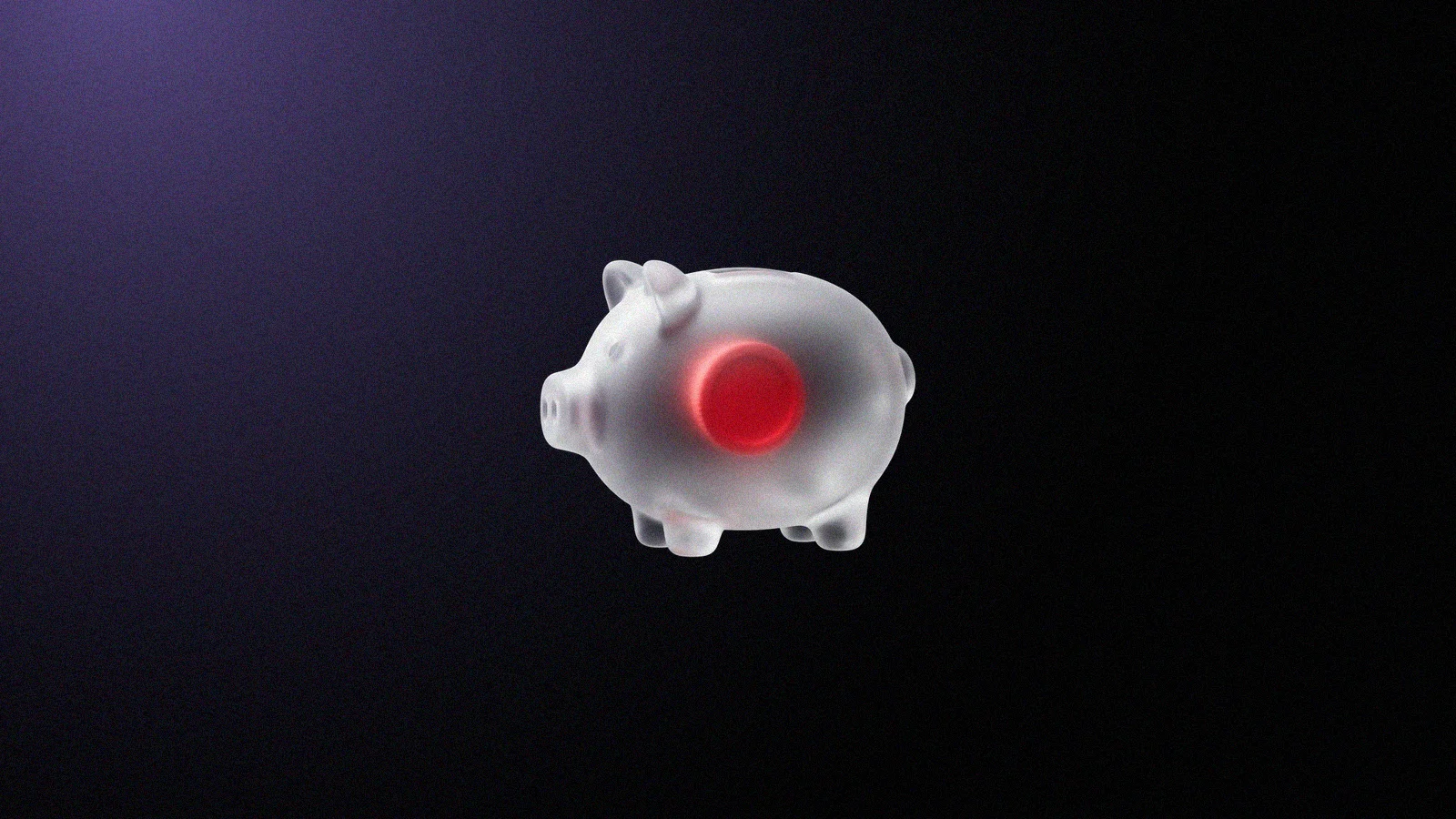 Cofrinho de porquinho 3D de vidro fosco, com uma moeda vermelha brilhando por dentro, sobre fundo preto