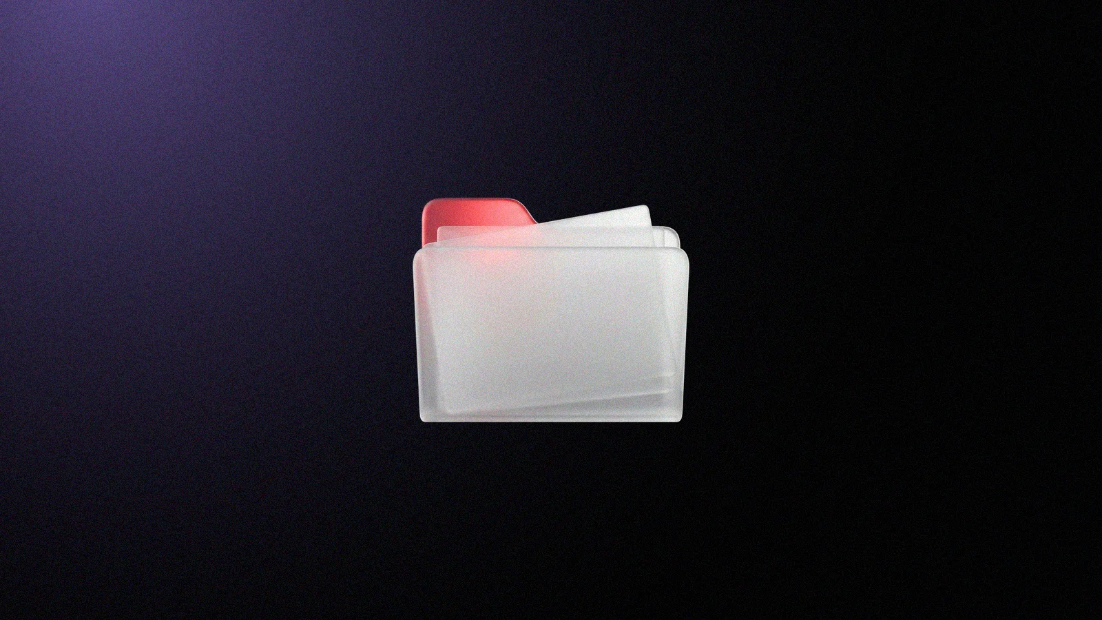 Pasta de arquivo 3D de vidro fosco com folhas aparecendo por cima e a aba brilhando em vermelho por dentro, sobre fundo preto