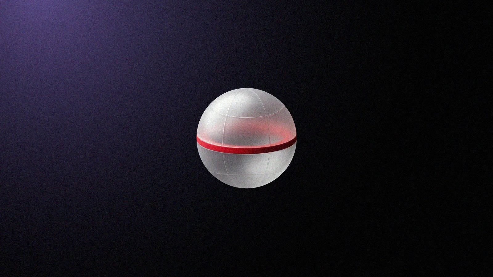 Globo 3D de vidro fosco, com meridianos gravados e o anel do equador vermelho brilhando por dentro, sobre fundo preto