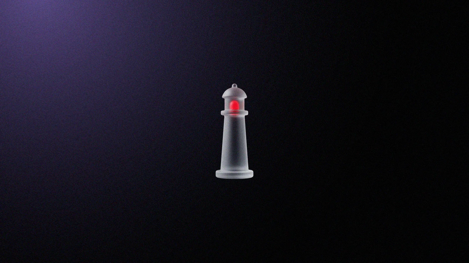 Farol 3D de vidro fosco, com a lâmpada brilhando em vermelho por dentro da lanterna, sobre fundo preto