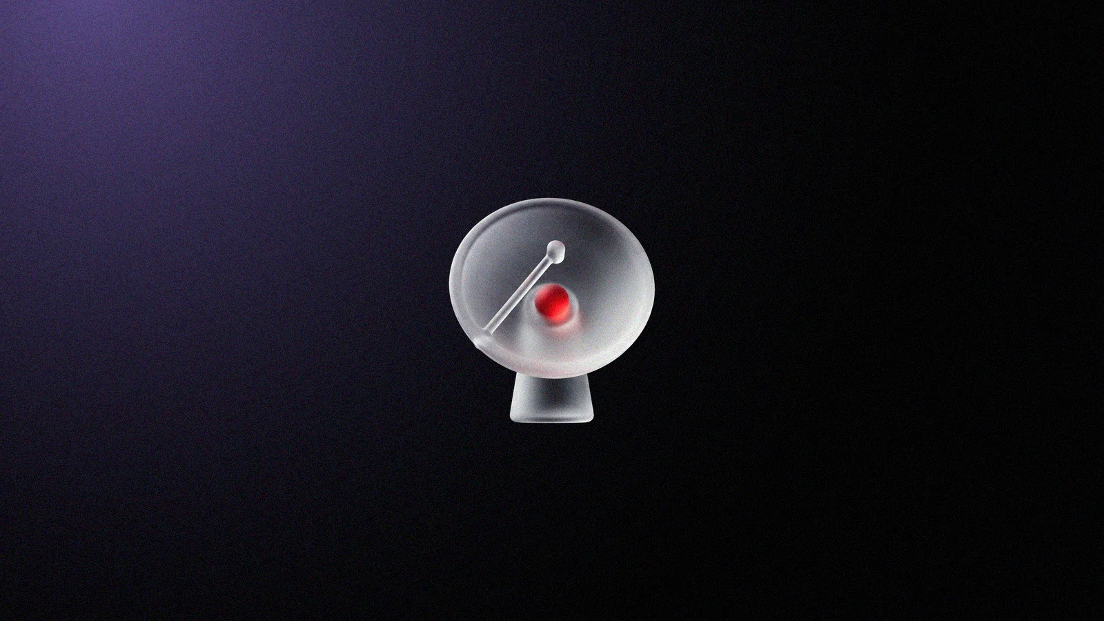 Antena parabólica 3D de vidro fosco, com o receptor vermelho brilhando no centro, sobre fundo preto