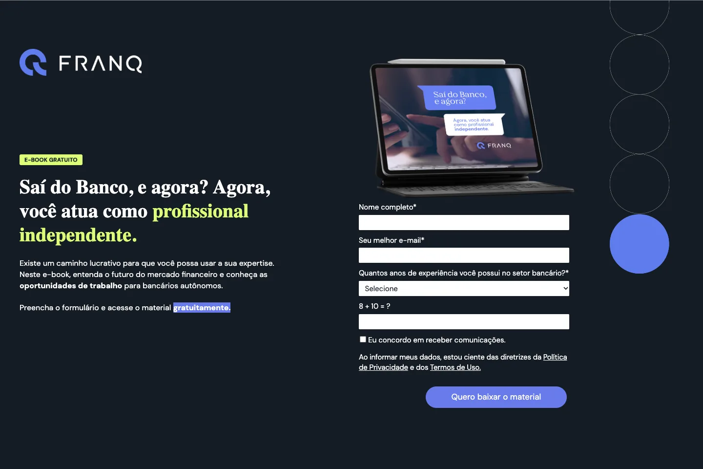 Landing page, Franq: O e-book para quem saiu do banco